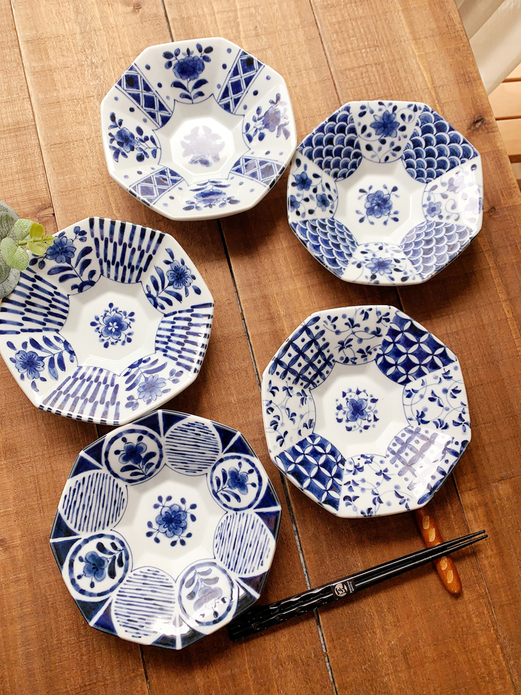 现货日本进口美浓烧陶瓷蓝染釉下彩花朵青海波十草八角钵盘子套装