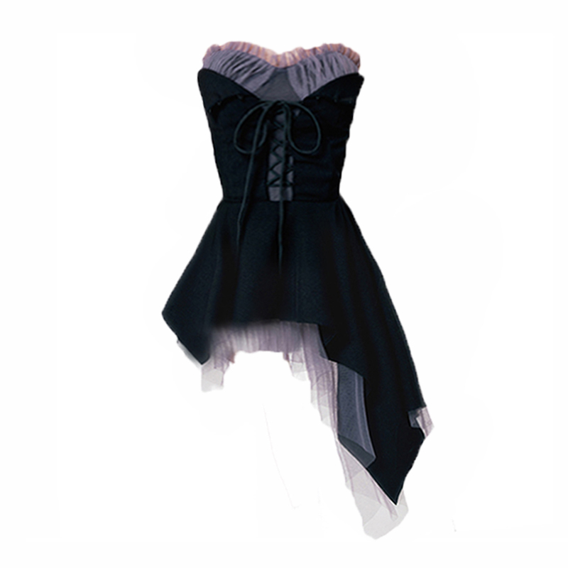 暗黑系气质女装高级感重工小众设计灰紫纱不规则抹胸裙黑色连衣裙