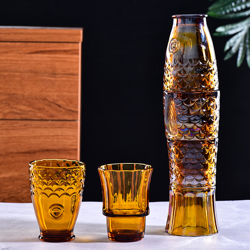 法兰晶锦鲤鱼形水杯套装4只家用客厅饮料玻璃杯套杯子创意礼品