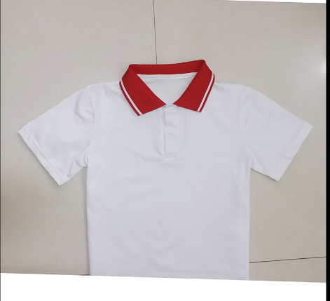 淄博定制夏款中小学生纯棉校服短袖T恤上衣红色领一白杠条POLO衫