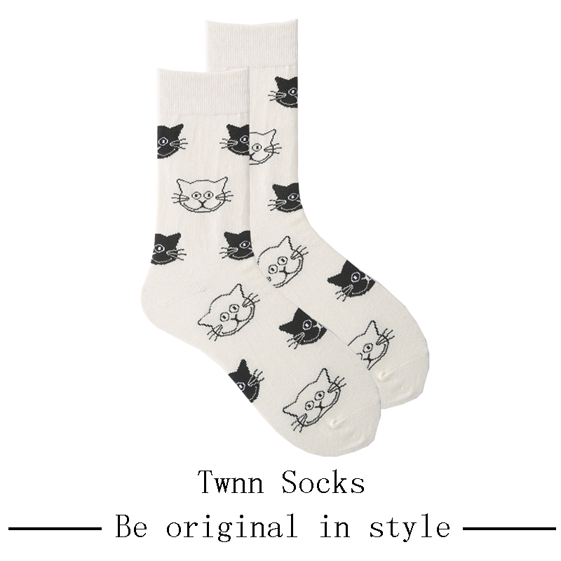 Twnn Socks袜子女春秋季纯棉中筒袜个性创意卡通猫咪白长袜潮ins