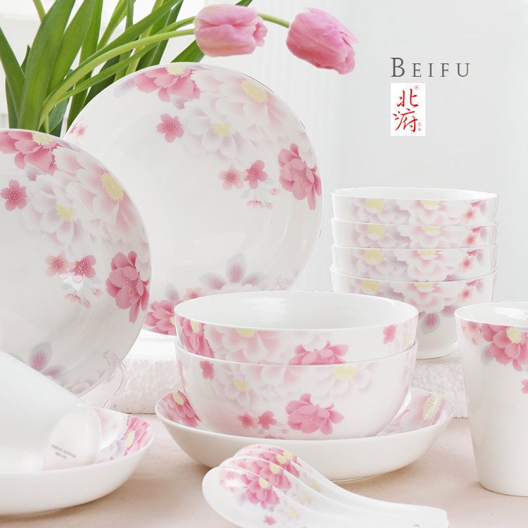 北府瓷业 中式花卉富贵花开骨瓷餐具套装碗碟家用创意陶瓷餐具
