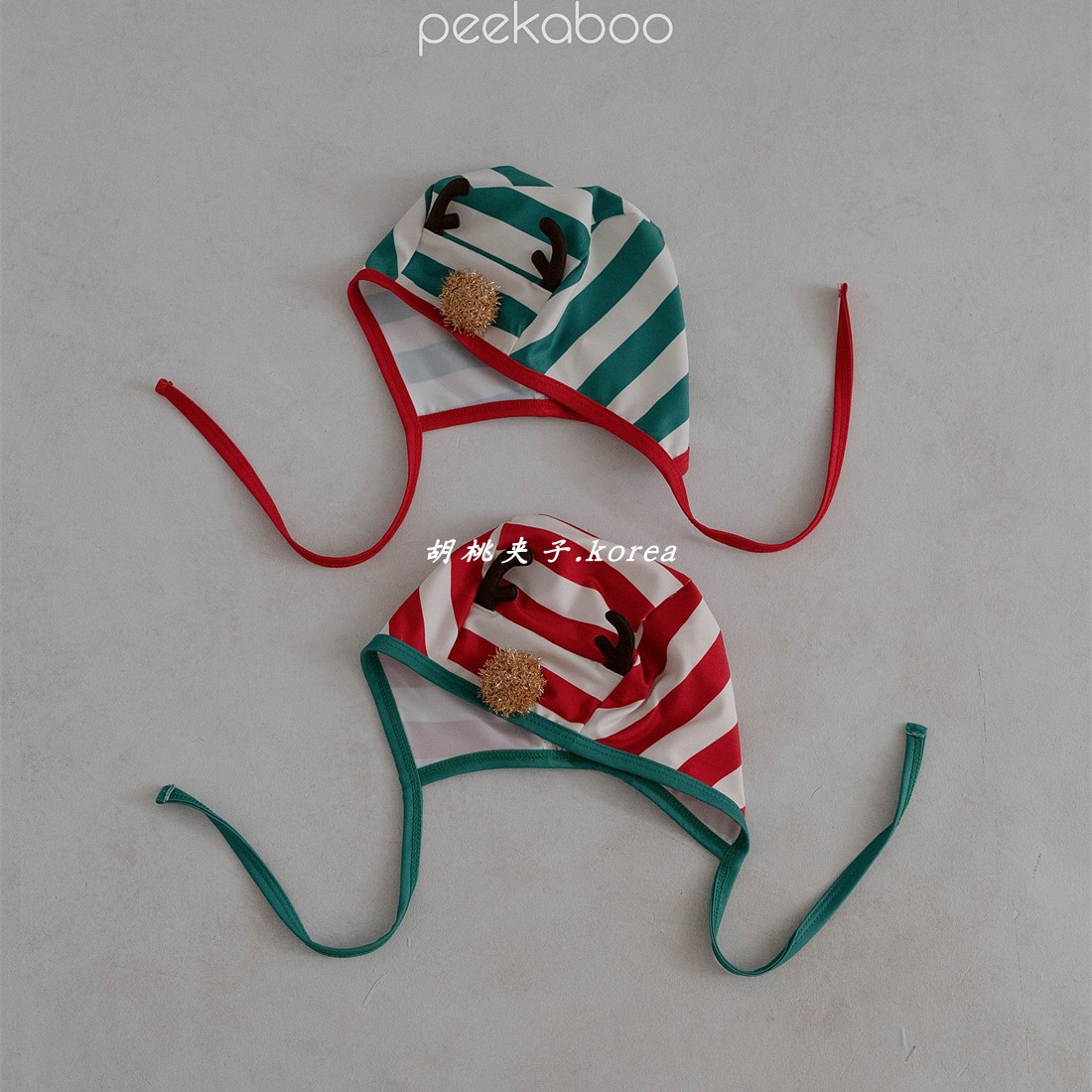 PEEKABOO韩国正品童装代购23冬婴小童宝可爱圣诞条纹麋鹿角泳帽
