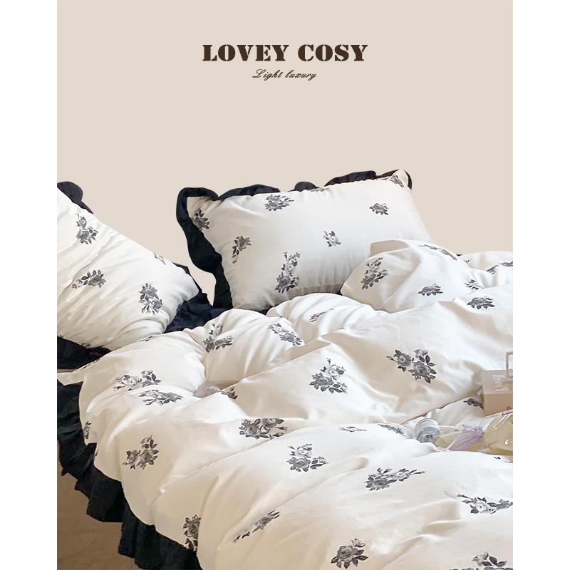 LOVEY COSY韩国轻奢春季纯棉碎花法式古典复古风黑花边床上四件套