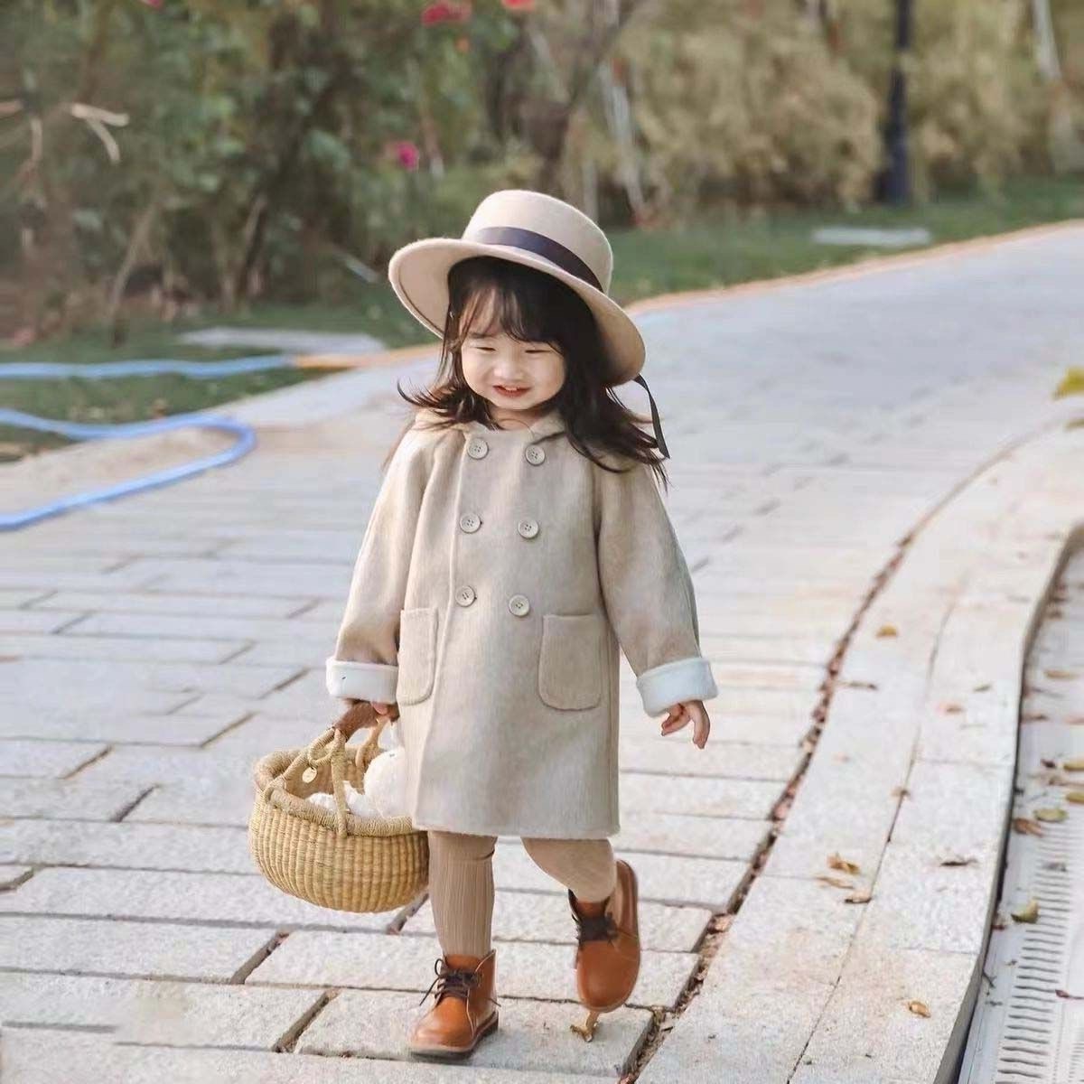 韩国童装2023冬装新款女童洋气中长款毛呢外套儿童宽松连帽呢大衣
