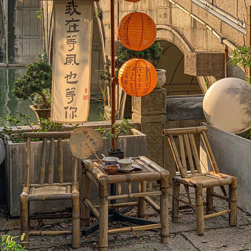 我在等风也等你打卡点竹桌椅中式复古怀旧竹编家具竹桌竹椅竹方桌