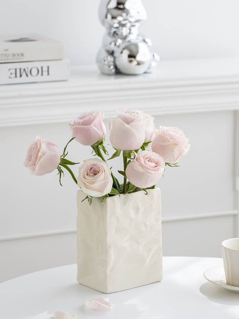 高级感简约奶油褶皱纸袋花瓶鲜花水培插花摆件客厅餐厅干花装饰品