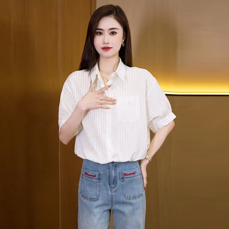 韩版条纹衬衫女式短袖百搭减龄上衣宽松衬衣2024夏季新款时尚洋气