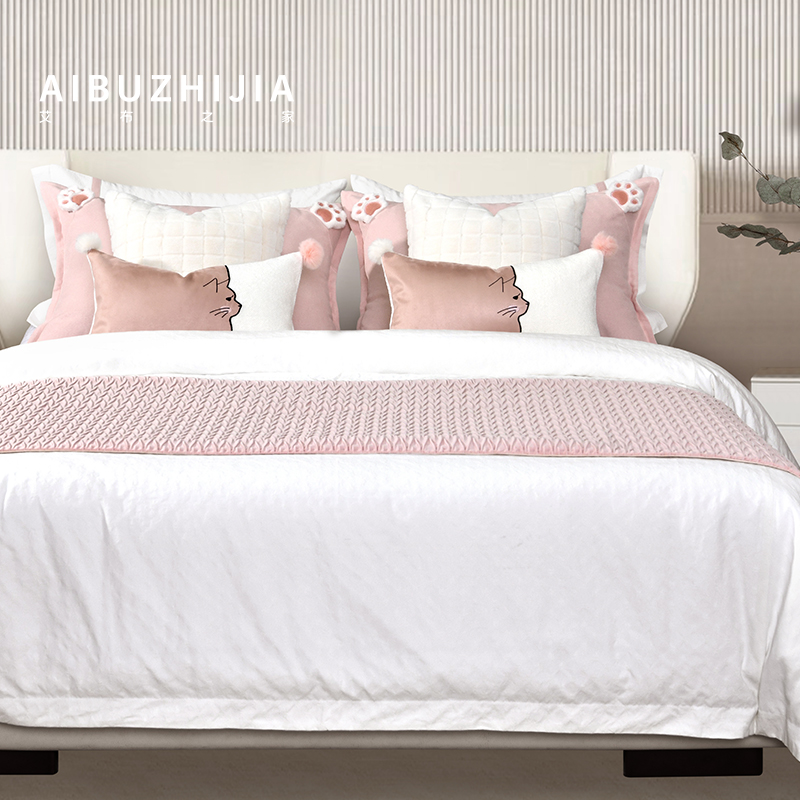 艾布之家样板房北欧ins轻奢风简约现代粉色贴布绣床上用品四件套