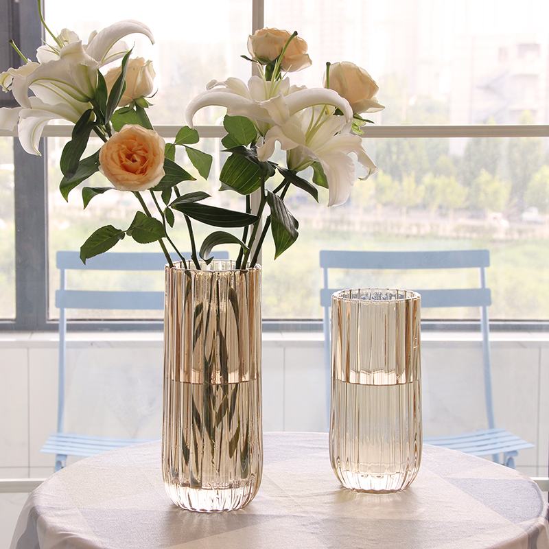 北欧玻璃花瓶透明 竖纹 创意客厅插花玫瑰百合鲜花家用装饰摆件