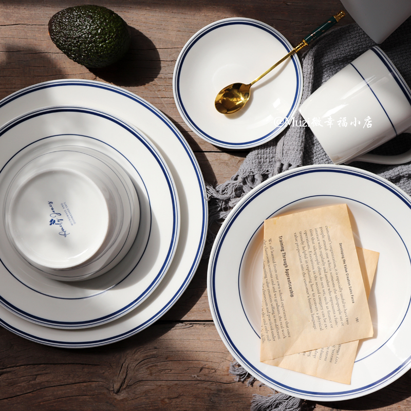外贸出口荷兰尾货青花蓝线创意复古西式陶瓷圆形餐盘汤盘家用饭碗