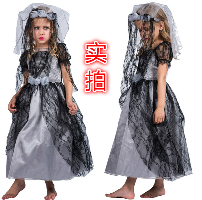 Halloween costume 万圣节幽灵新娘儿童吸血鬼新娘装黑色幽灵礼服