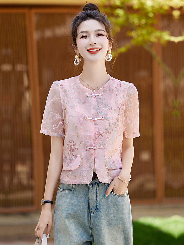 新中式国风女装2024新款夏季高端盘扣刺绣花薄款短袖防晒上衣外套