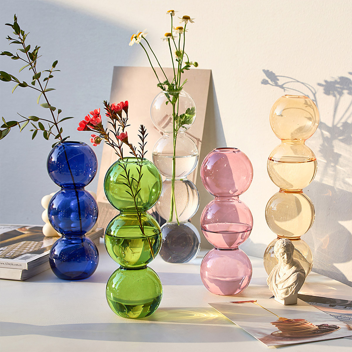 创意多个玻璃圆球相连花瓶简约透明花朵容器圆球玻璃花瓶装饰摆件