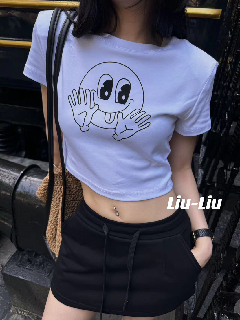 上新！【Liu-Liu】时尚个性圆领笑脸印花上衣短袖T恤  6318#  OZQ
