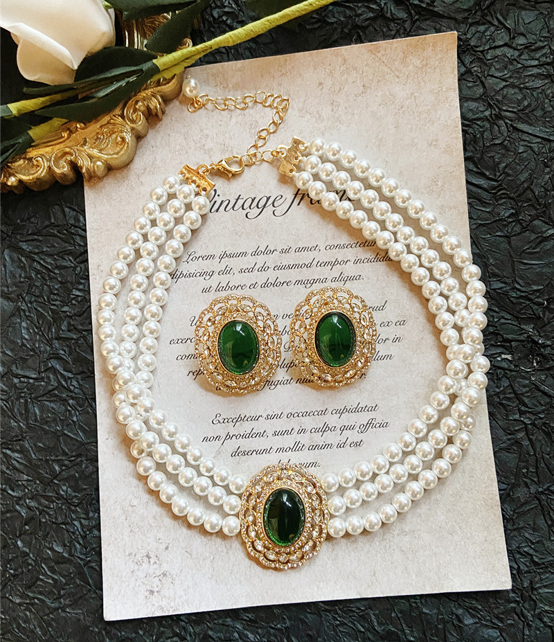 欧美vintage古董宫廷风复古气质绿宝石珍珠多层项链短款颈链女