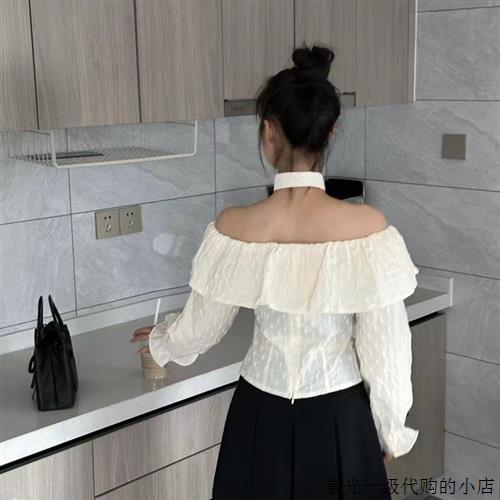 韩国甜酷辣妹一字领荷叶边衬衫女设计感法式小众露肩独特别致小衫