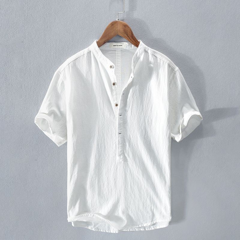 棉麻T恤男士夏季复古亚麻短袖体恤中国风白色POLO衫立领苎麻衬衫