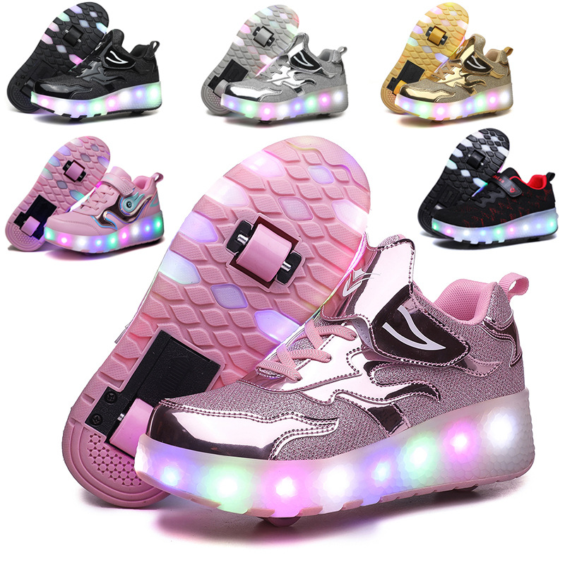 跨境儿童暴走鞋男童LED发光鞋USB充电女童户外运动学生溜冰鞋