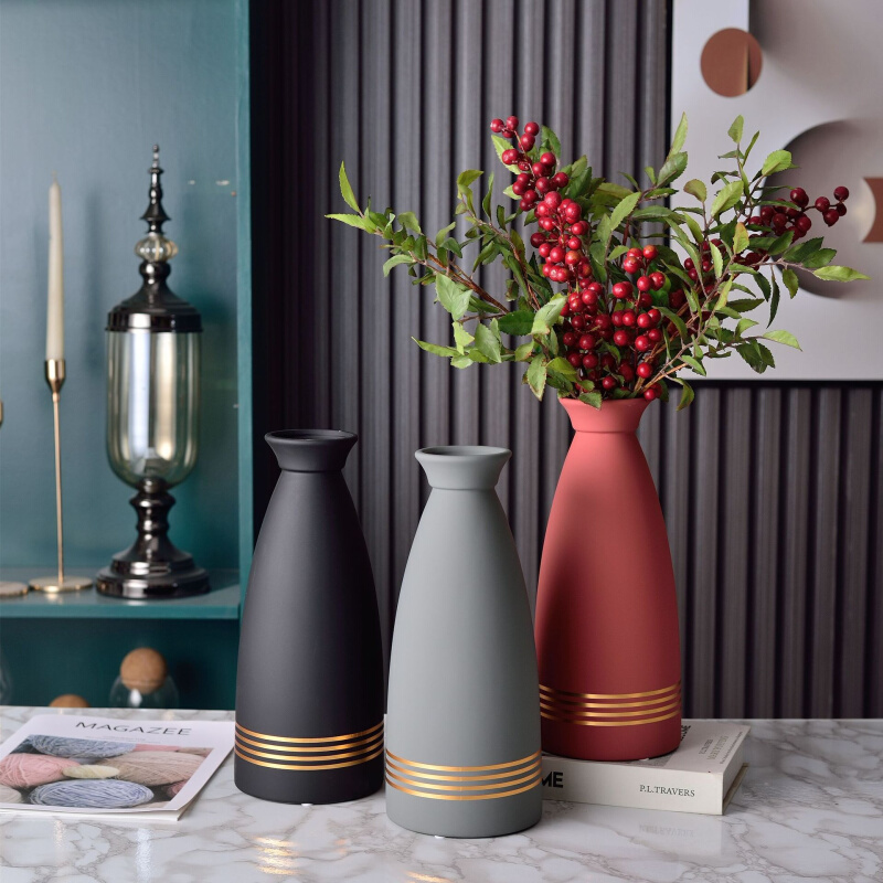 简约现代莫兰迪色红黑灰金色陶瓷花瓶花器家居装饰工艺海棠