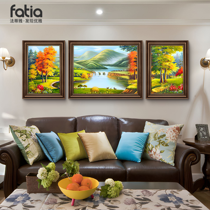 聚宝盆山水风景装饰画三联画美式客厅油画现代欧式沙发背景墙壁画