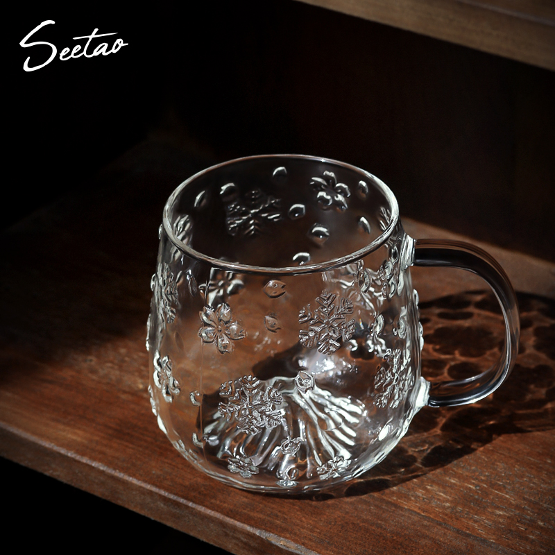 戏陶日式耐热玻璃茶杯带把泡茶杯创意雪山杯家用水杯饮料杯早餐杯