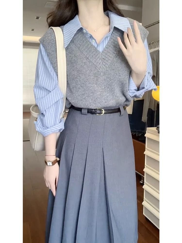 茶系秋装搭配一整套时尚通勤减龄马甲衬衫盐系韩剧穿搭三件套裙子