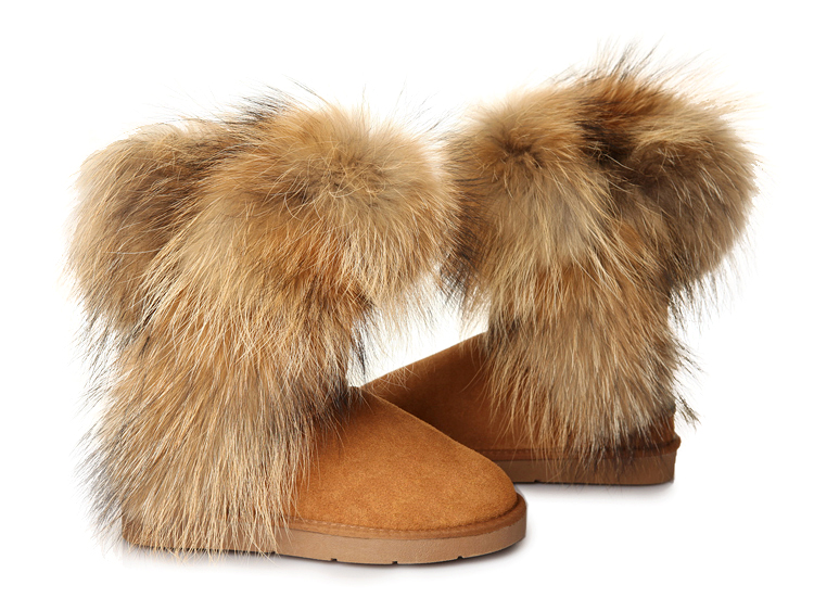 雪地靴女2022新款时尚本色狐狸毛冬季韩版保暖中筒棉靴纯羊毛女靴