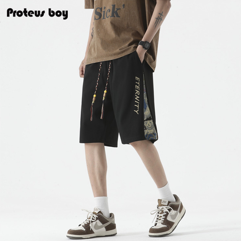 ProteusBoy短裤男夏季新款男士复古小熊刺绣直筒宽松休闲五分中裤