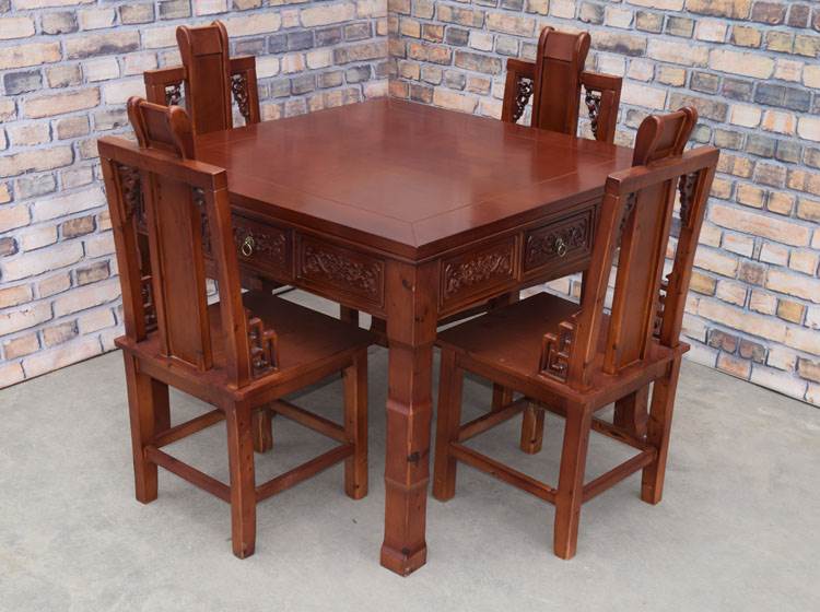 实木餐桌饭桌子红胡桃色雕花八仙桌带抽屉四方桌柏木桌供桌麻将桌