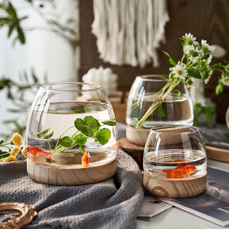 日式木托透明玻璃花瓶绿萝水培植物生态鱼缸简约桌面插花摆件