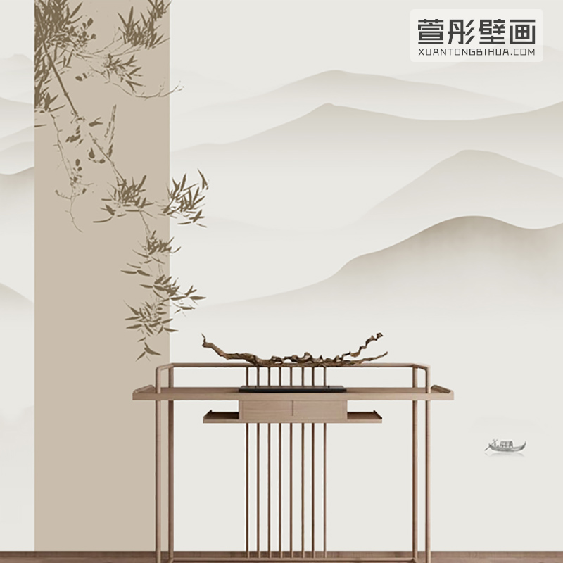 现代中式淡雅远山竹子直播背景墙纸壁布书房客厅卧室装饰定制壁画
