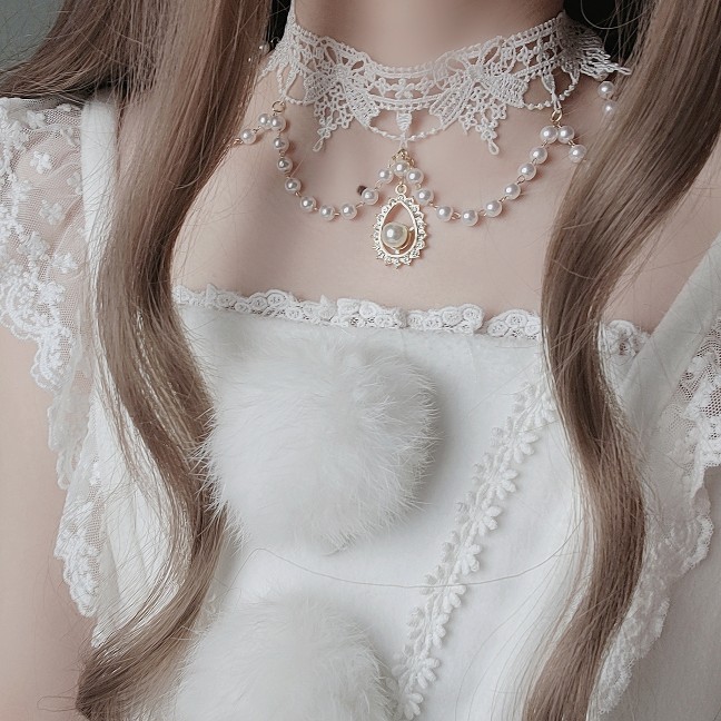 原创lolita洛丽塔项链宝石珍珠蕾丝颈链丝带配饰配件小物花嫁拍照