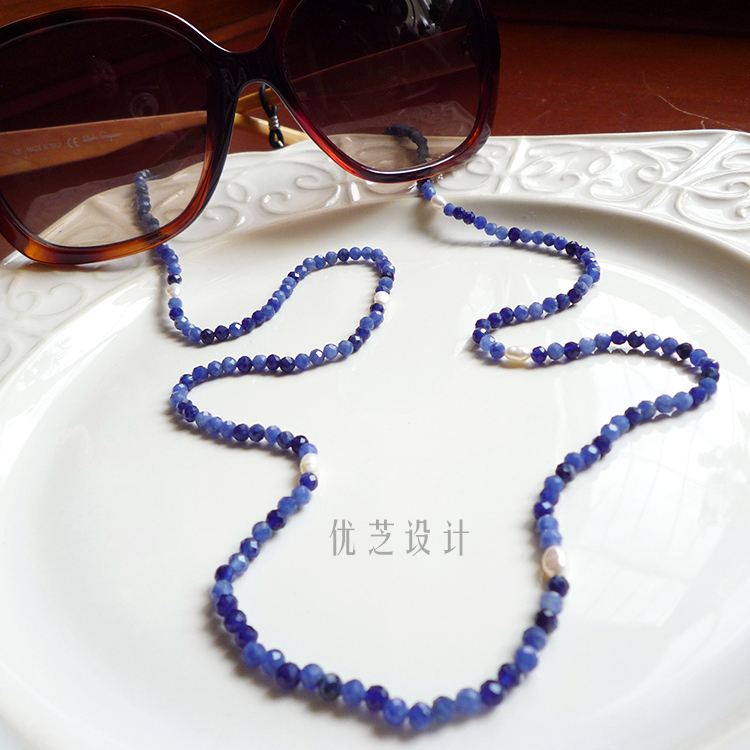 原创手作无烧缅甸天然蓝宝石珍珠眼镜链项链高级时尚古典优芝设计