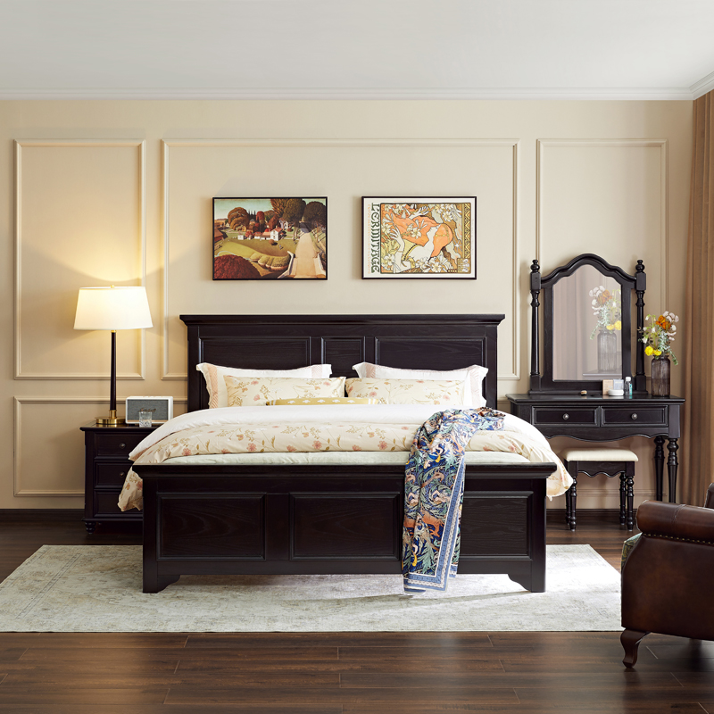 乐巢美式实木床1.5米黑色现代简约床小户型主卧室1.8米床底收纳箱