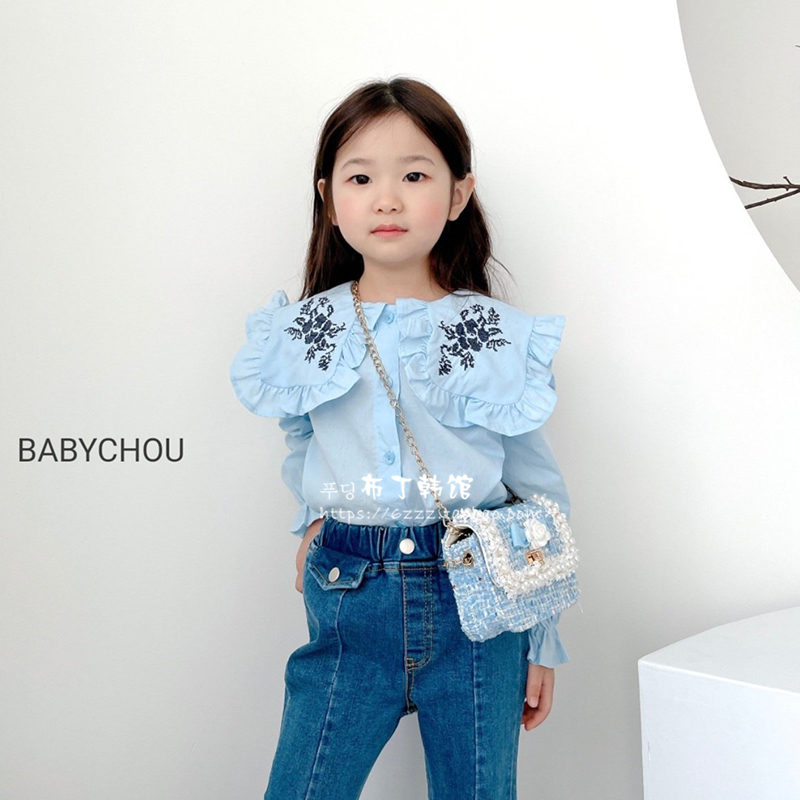 布丁家韩国进口童装南大门春款女童娃娃领衬衫女孩刺绣棉衬衣T730