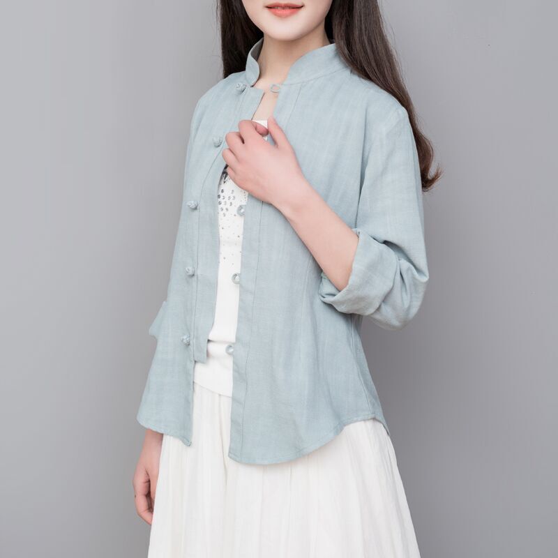 玉想【浅小蓝】新中式原创复古女装对襟盘扣修身棉麻文艺长袖上衣