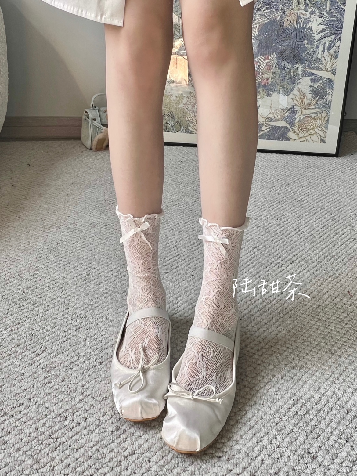 陆甜茶蝴蝶结蕾丝花卉图案小腿袜白甜美日Lolita夏季薄中筒堆堆袜