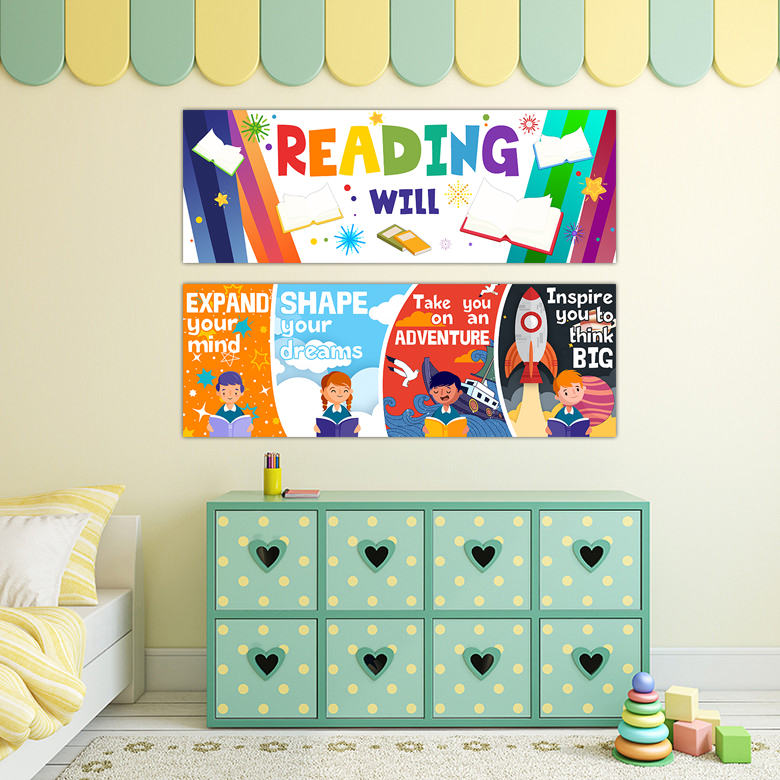 绘本馆图书室内幼儿阅读 教室英文海报装饰横幅环创装饰张贴布置