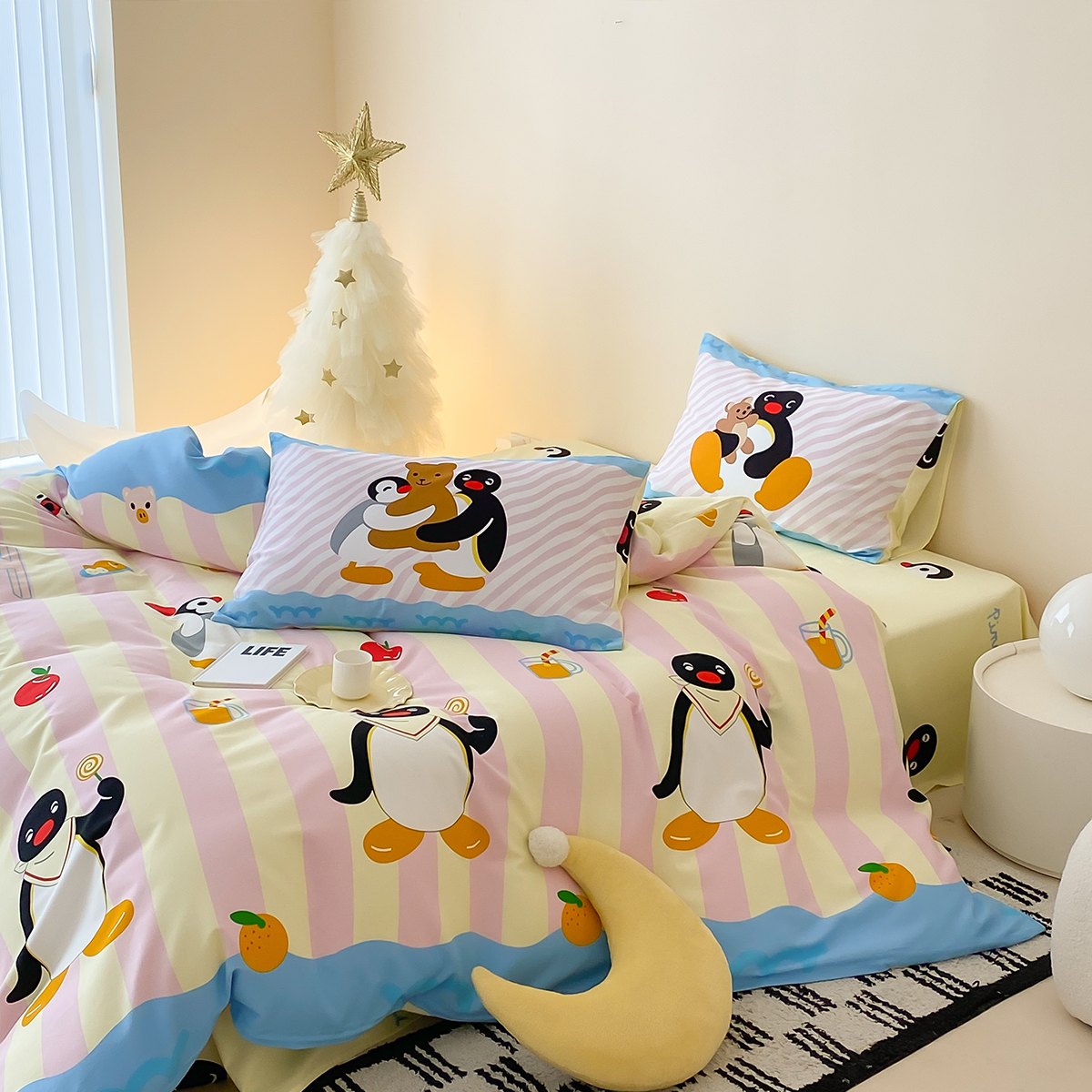 富山商店 x Pingu企鹅家族粉黄条纹100%全棉可爱床上四件套床单款