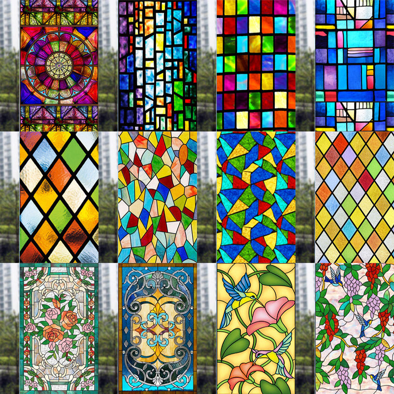 欧式彩色教堂窗花玻璃贴纸磨砂玻璃膜静电复古美式窗户卫生间贴纸