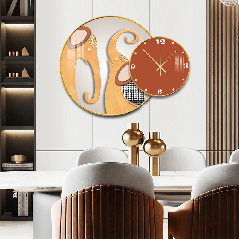 餐厅装饰画带时钟现代轻奢高档圆形大象客厅墙壁画玄关正对门挂画