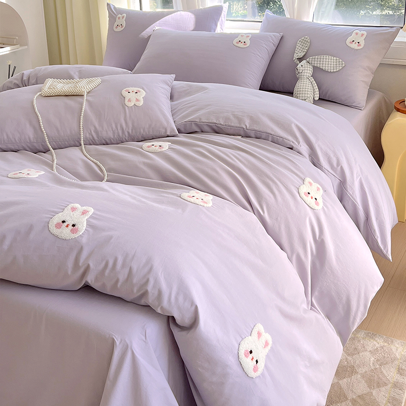 A类少女心全棉紫色四件套兔子毛巾绣被套水洗纯棉床单三件套床品4
