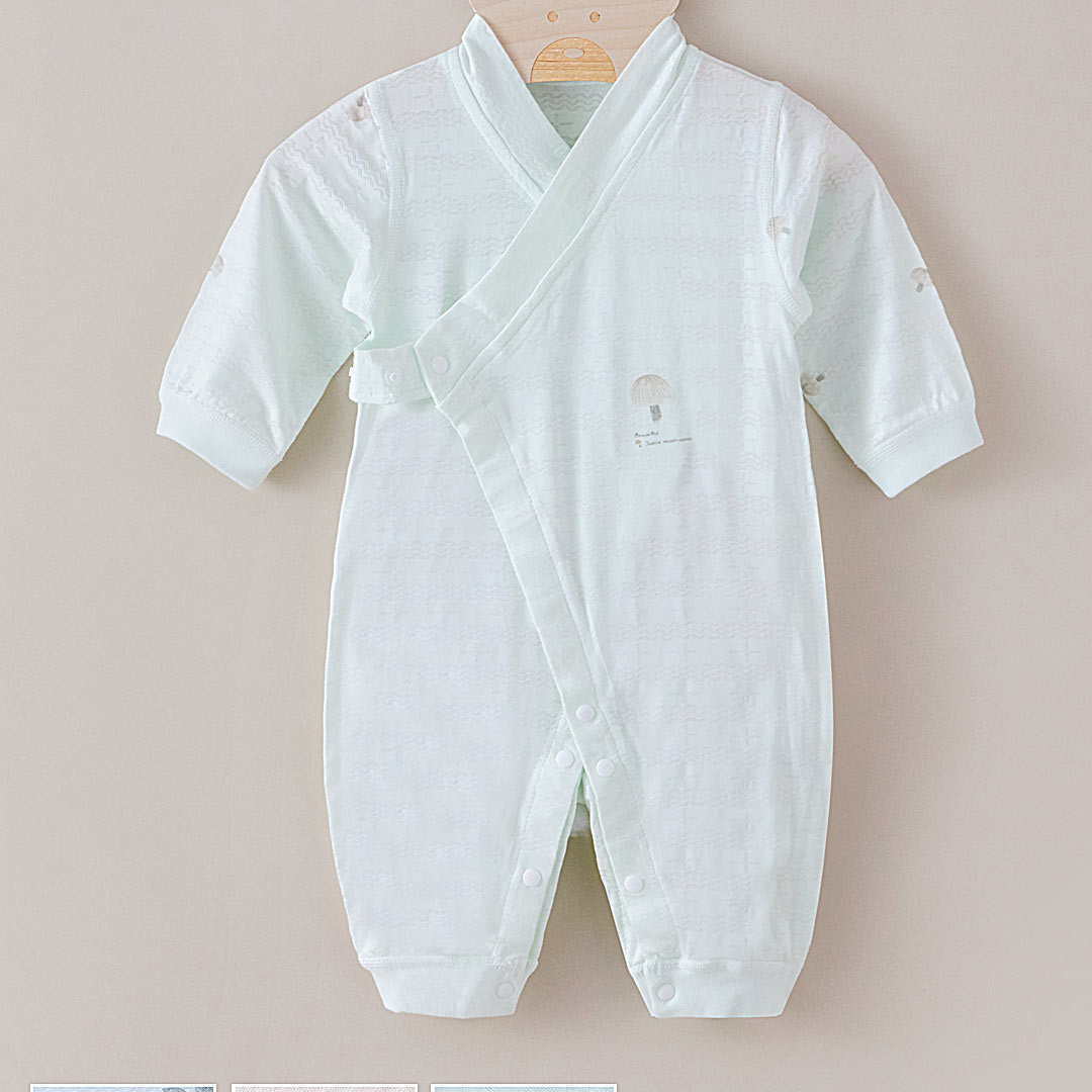 婴之选夏季单面薄款长袖新生婴幼儿宝宝产房合服领绑带连体衣爬服