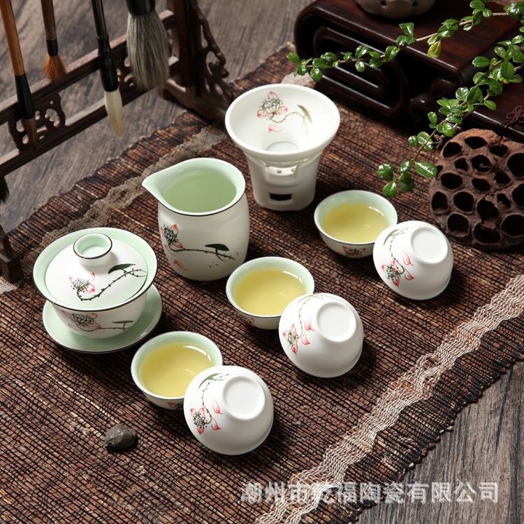亚光手彩青瓷茶具套装 浮雕鱼陶瓷工夫茶具9件套 茶具礼品装