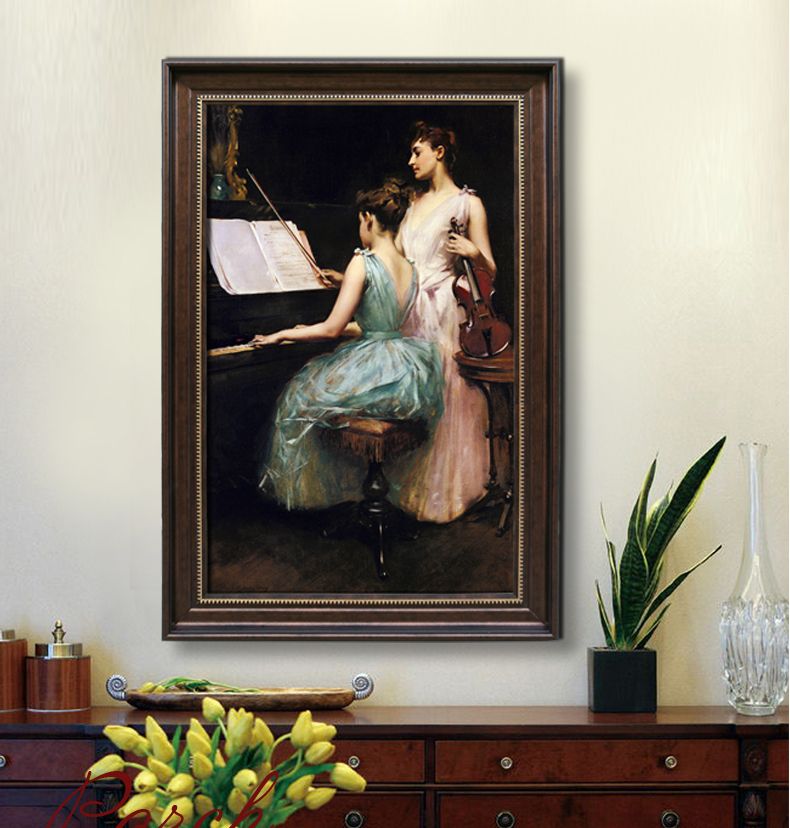 弹钢琴音乐人物装饰画欧式框琴房琴行喷绘油画美式竖幅古原艺术画