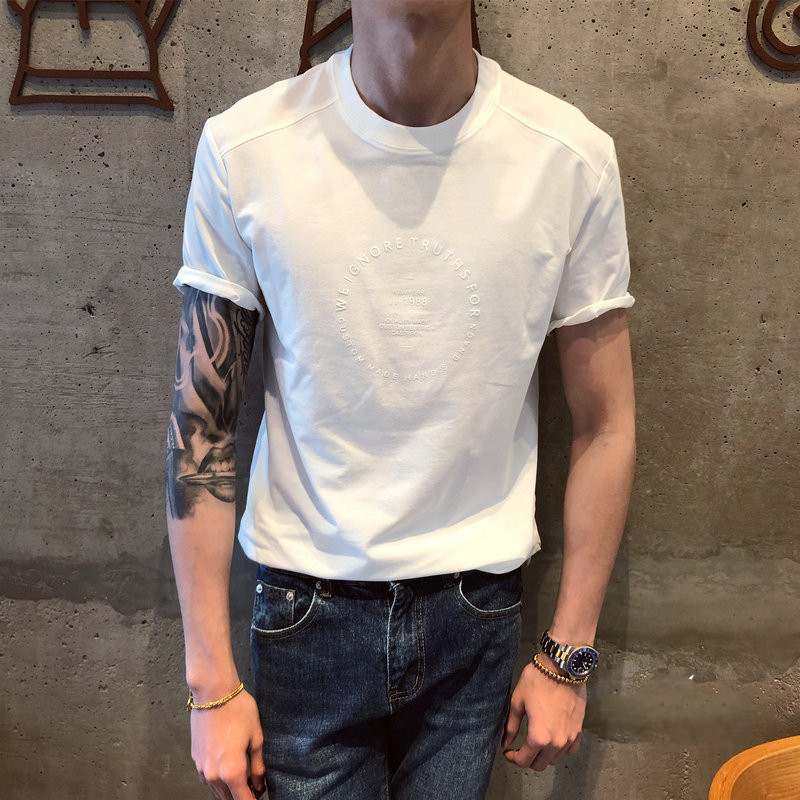 韩国夏季圆领短袖T恤男士简约百搭透气薄款半袖休闲T恤潮流刺绣T