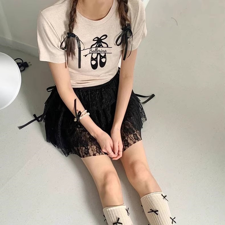 韩国夏季芭蕾舞风蝴蝶结短袖T恤+多层蕾丝蛋糕短裙半身裙套装女