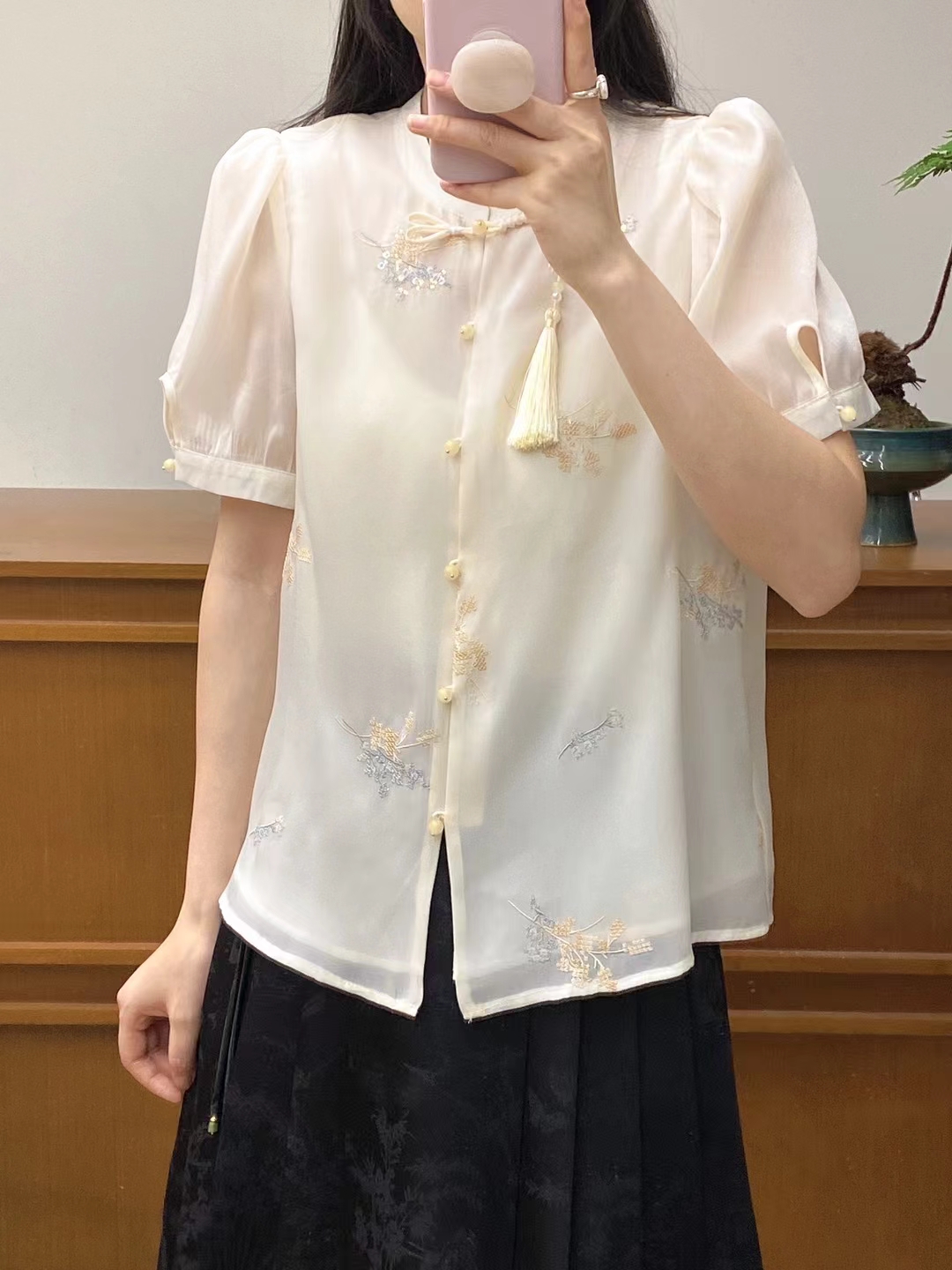 新中式复古盘扣中国风刺绣花朵短袖衬衫女夏季甜美小衫上衣半身裙