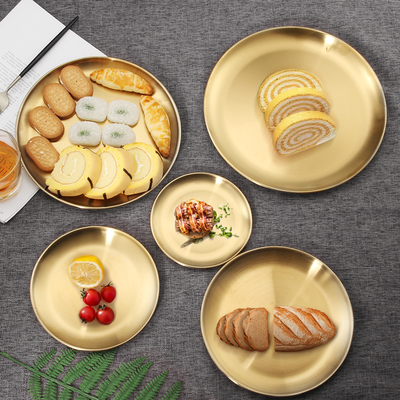 创意金色不锈钢圆盘子西餐盘餐厅骨碟咖啡托盘饰品收纳装饰盘摆拍